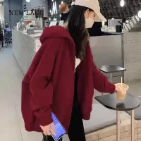 NEW LAKE山东即墨酒红色加绒卫衣宽松连帽拉链开衫外套女款大码上衣潮
