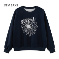 NEW LAKE羊城故事 藏蓝色百搭圆领印花卫衣女2024新款慵懒风宽松显瘦上衣