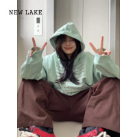 NEW LAKE薄荷绿卫衣女2024新款宽松连帽上衣薄款多巴胺深秋穿搭季