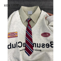 NEW LAKE美式学院风polo领带假两件卫衣女春秋薄款宽松慵懒风拼接衬衫外套