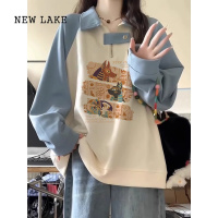 NEW LAKE撞色半拉链卫衣女加绒加厚宽松学院风polo领长袖上衣美式复古