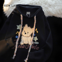 NEW LAKE美式慵懒chic彩虹小狗连帽卫衣女新款韩版宽松bf百搭情侣外套