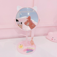 皇豹少女心放映室 梳妆台可爱化妆镜带收纳 猫咪萌妹寝室桌面台式镜子