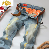 SUNTEK春秋款韩版潮流潮牌贴布补丁男士浅色磨烂破洞牛仔裤青年直筒裤子牛仔裤