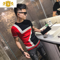 SUNTEK春夏韩版修身男士几何图短袖冰丝体恤青年男圆领针织T恤潮打底衫T恤