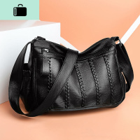 2019新款包包女大容量多层软皮单肩包时尚潮流斜挎女包中年妈妈包NEW LAKE 黑色女士单肩包