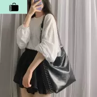 单肩包女大包包2020新款潮韩版百搭斜挎包铆钉链条包大容量水桶包NEW LAKE 黑色女斜挎包