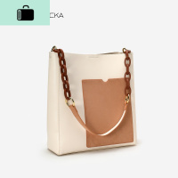 日系撞色大包新款2020包包女软皮单肩斜跨手提包大容量通勤托特包NEW LAKE 米白色女斜挎包