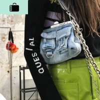 欧美复古小众设计单肩腋下包女2020新款个性水洗牛仔蓝链条斜挎包NEW LAKE女斜挎包