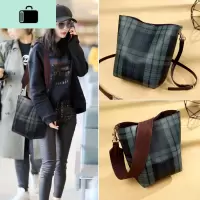 港风绿格子女包包2020新款时尚牛皮水桶包英伦风子母包单肩斜跨包NEW LAKE 绿格子送长宽带女斜挎包