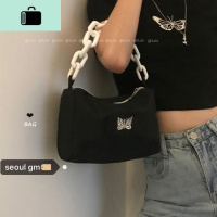 复古美式单品bag~韩系小众设计师款蝴蝶刺绣粗链条腋下包包NEW LAKE 黑色女士单肩包