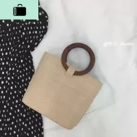 包包女2019新款chic风圆环木柄编织手提包编沙滩单肩女包潮NEW LAKE 图色女士单肩包