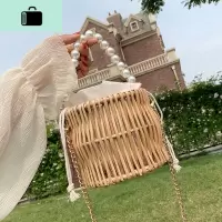 夏天小包包女2020流行新款潮韩版网红珍珠手提时尚藤编水桶斜挎包NEW LAKE 卡其女士单肩包