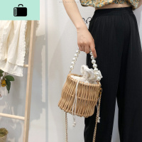 夏季森系水桶小包女2020新款时尚单肩包度假编织珍珠链条手提包NEW LAKE 卡其色女士单肩包