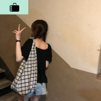 别致的绑带蝴蝶结帆布包 韩版百搭休闲大容量格子包包女学生NEW LAKE 图片色黑白格女手包