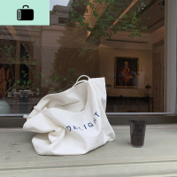 ins超火布袋 20韩版气质百搭纯色字母印花大容量单肩手提帆布包女NEW LAKE 米白女士单肩包