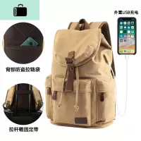 工装男士帆布双肩包初中大学生书包潮流休闲大容量旅行包背包男包NEW LAKE 卡其色(USB充电款)
