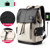 大容量初中学生潮流休闲书包韩版皮质男士双肩包旅行电脑背包男包NEW LAKE 黑白色6064USB充电款