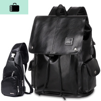 双肩包男士时尚电脑包 大容量背包pu皮质韩版潮流休闲 大学生书包NEW LAKE 黑色送胸包