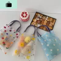 韩国新款ins半透明网纱袋立体碎花刺绣仙女包手提购物袋度假沙滩NEW LAKE女士单肩包