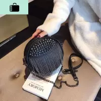 新款流苏小圆包chic链条单肩女包包柳丁包时尚百搭流行斜挎女包潮NEW LAKE 黑色女士单肩包