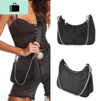 包包2020新款潮牌个性暗黑系软面复古尼龙腋下包链条小方包单肩包NEW LAKE 黑色女士单肩包