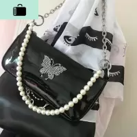 小众包复古暗黑蝴蝶水钻珍珠链条小包复古单肩斜挎手提法棍腋下包NEW LAKE 黑色升级版可斜跨女士单肩包