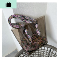 韩国东大大容量透明托特包女2020新款碎花肩带单肩子母包腋下包NEW LAKE 茶色女士单肩包