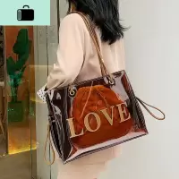 单肩大包包洋气女包2020夏季新款潮韩版百搭大容量托特包透明包包NEW LAKE 红棕色女士单肩包