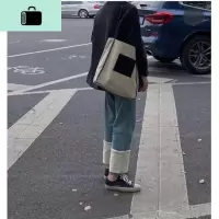 街拍款 自制帆布拼皮tote大容量购物包袋托特包单肩包斜挎包NEW LAKE女士单肩包