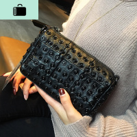 皮女包韩版2020新款女式单肩包铆钉小拼接链条包女斜挎包NEW LAKE 黑色女士单肩包