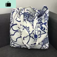 妈厨手工包 北欧风格城市背景蓝色手提收纳布袋斜挎肩文艺帆布袋NEW LAKE女士单肩包