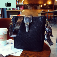 2020欧美女式新款网格布亮片水桶包个性镂空子母包百搭单肩斜挎包NEW LAKE 复古银(带挂件)女斜挎包