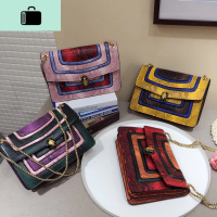 蛇皮纹链条女包拼色蛇头女包新款时尚牛皮女包锁扣手提单肩斜挎包NEW LAKE女斜挎包