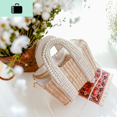 仙女编包斜挎珍珠提手菜篮子女包复古蒲海边度假包ins单肩甜NEW LAKE 自然蒲草色女斜挎包