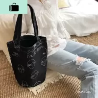 日系帆布包女学生韩版原宿ulzzang帆布袋手提单肩包购物袋NEW LAKE 黑色刺绣风 纵向大号女士单肩包