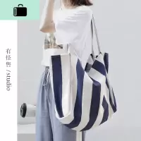 条纹帆布包女单肩日系慵懒风简约小清新韩版学生用大容量手提布袋NEW LAKE女士单肩包