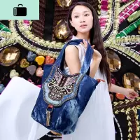 手提包女气质女神百搭复古风女单肩包刺绣牛仔布包大容量绣花包包NEW LAKE