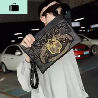 原创设计个性刺绣图案手拿包大容量皮质手抓包青年男女士手包NEW LAKE 黑色男士手拿包