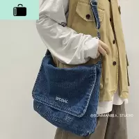 日系斜挎包潮牌复古邮差包男休闲简约大容量牛仔布包女文艺单肩包NEW LAKE男士单肩包