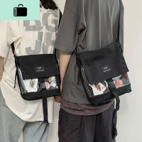 ins日系帆布斜挎包女大学生百搭休闲港风时尚男士潮牌单肩包透明NEW LAKE男士斜挎包