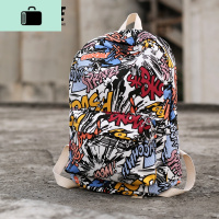 双肩包潮流时尚帆布男士初中高中学生书包休闲个性印花背包旅行包NEW LAKE BOOM!