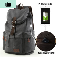 韩版复古帆布男包休闲双肩包男士旅行背包潮流中学生书包电脑包男NEW LAKE 蓝黑色(潮流USB充电款0024)