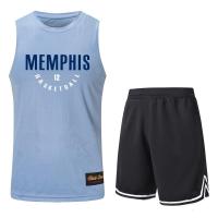 莫兰特球衣灰熊12号篮球训练服套装投篮热身无袖宽坎肩篮球服定制 浅蓝上衣+黑短裤 XL