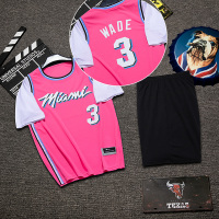 欧文球衣宽松外穿科比bf风比赛定制情侣男潮街头篮球服假两件套装 韦D套装粉色白袖3号 XS