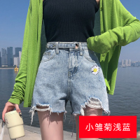 超高腰牛仔短裤女2020年夏季装新款薄泫雅破洞网红阔腿热裤潮ins 小雏菊浅蓝环扣短裤 XL