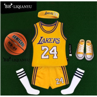 儿童篮球服套装男童幼儿园小学生训练比赛服女童男孩球衣纯棉 黄24号篮球服+白袜+发带+篮球 90码（16至20斤）