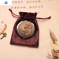 绿檀香木刻荷花随身小圆镜化妆镜子中国复古风翻盖双面镜 泰空仓