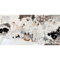 王西京字画手绘四尺国画精品人物竹林七贤赠专辑商务礼品收藏