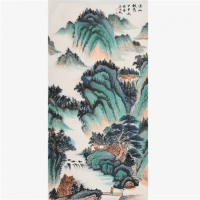 吴湖帆青绿山水画手绘四尺竖幅溪山秋色名人字画古玩装饰送礼证书